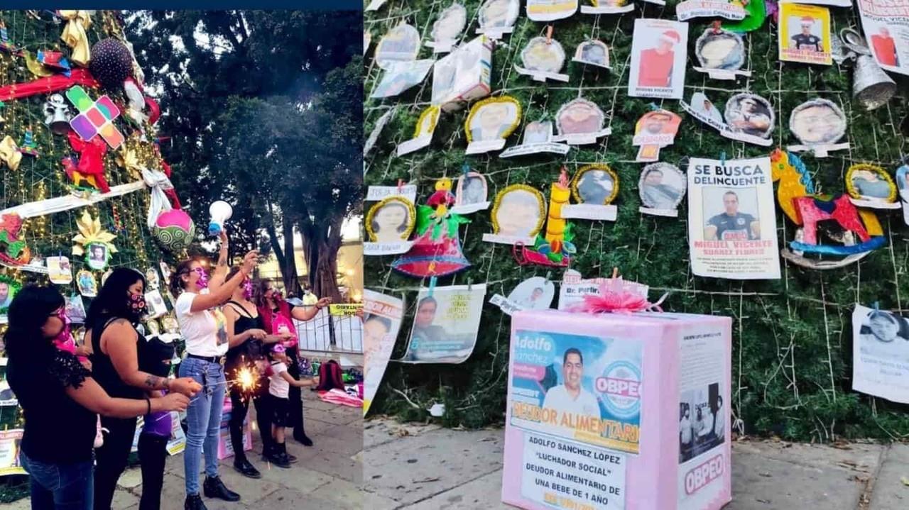 Ponen árbol navideño con fotos de padres que no pagan pensión