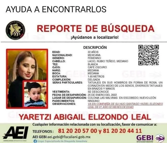Buscan a mujer y su pequeño hijo en Escobedo