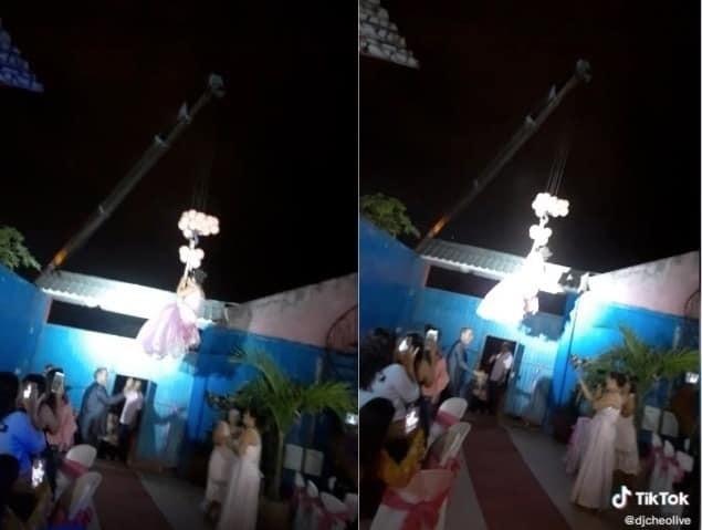 Mira la entrada triunfal de quinceañera, ¡llegó en grúa!