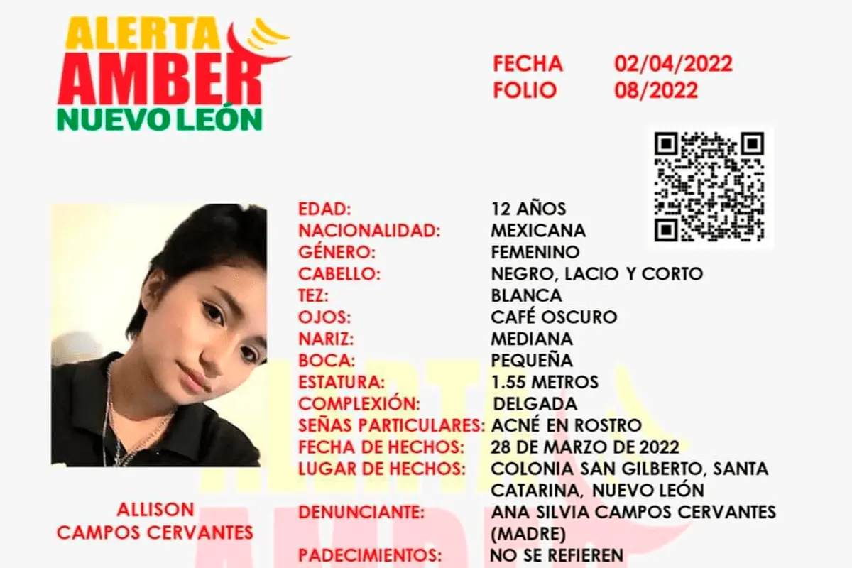 Desaparece Allison en Santa Catarina, activan alerta amber