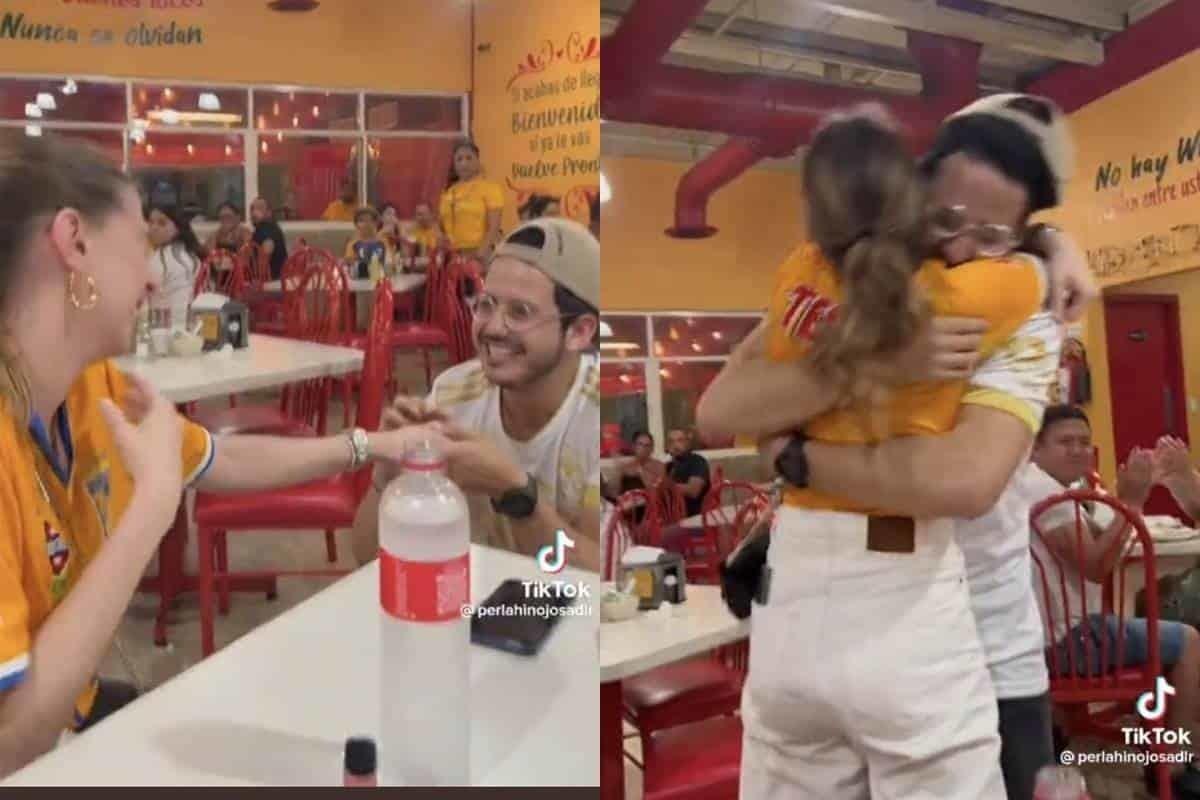 Pareja de aficionados de Tigres se comprometen en taquería