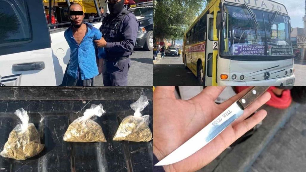 Detienen a hombre en camión urbano con arma blanca y drogas