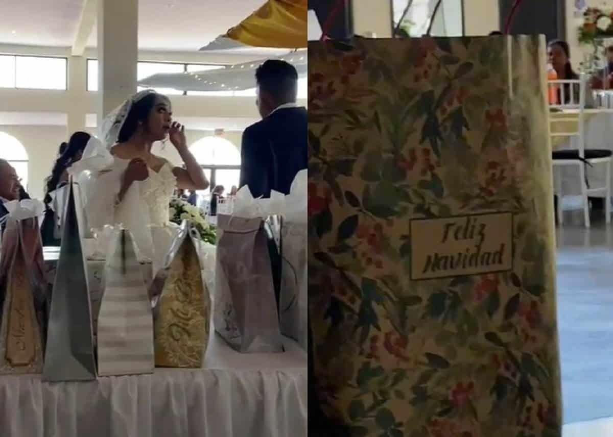 ¡Que vivan los novios! Les dan regalo de bodas en bolsa navideña