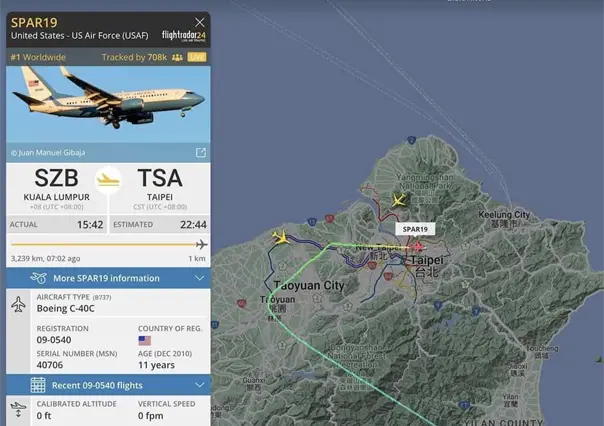 Avión de Pelosi a Taiwán bate récords en sitio web que rastrea vuelos