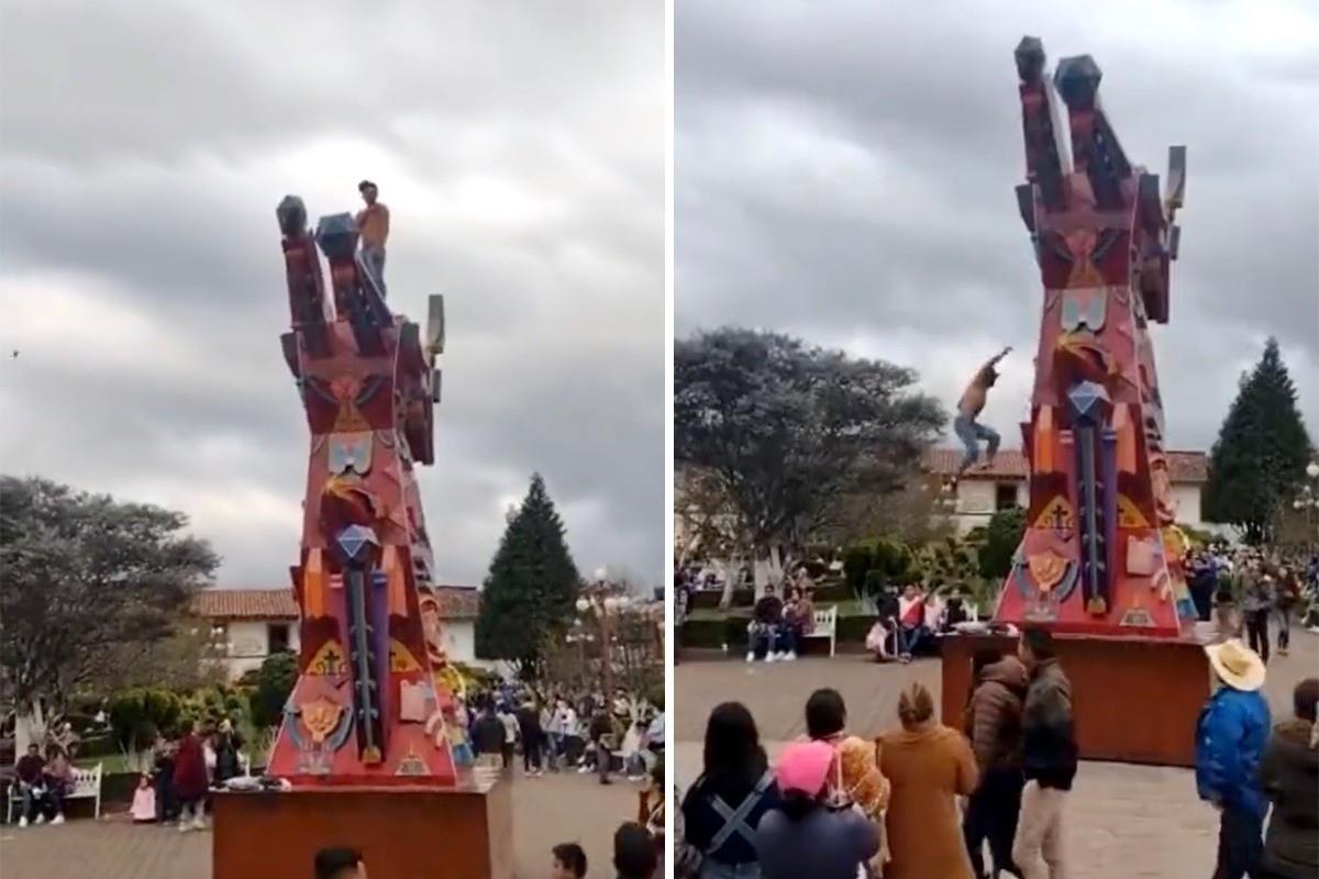 VIDEO: Cae hombre de esculturas que fueron colocadas en el zócalo de Zacatlán