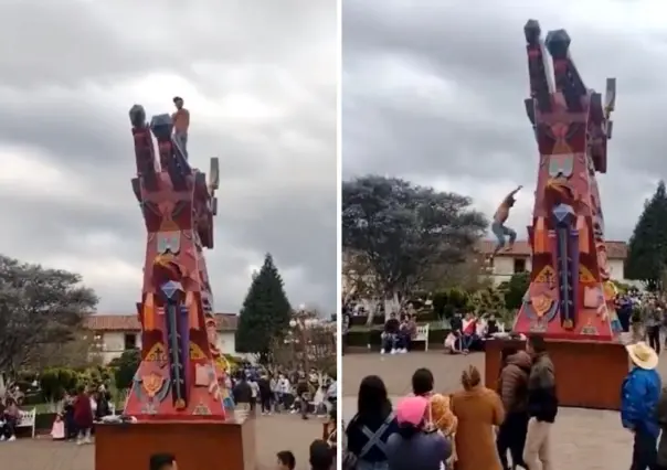 VIDEO: Cae hombre de esculturas que fueron colocadas en el zócalo de Zacatlán