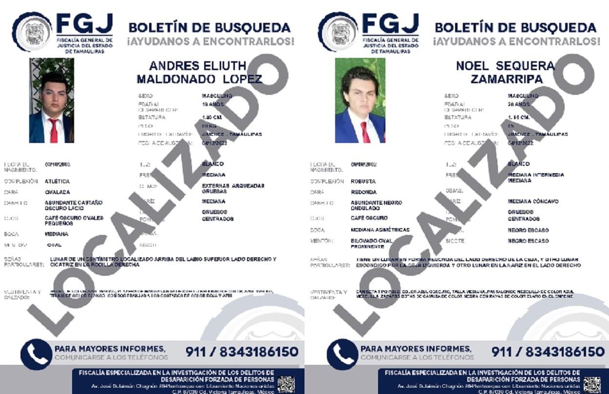 Los estudiantes Andrés Eliuth Maldonado, de 19 años, y Noel Sequera Zamarripa, de 20, desaparecidos el pasado 4 de diciembre entre los municipios de Abasolo y Jiménez, Tamaulipas, fueron encontrados con vida. Foto: Facebook Comisión Estatal de Búsqueda de