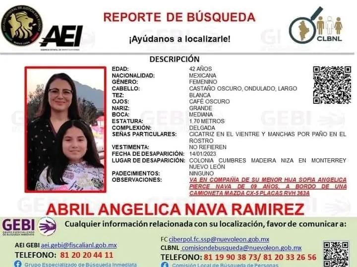 Buscan a Abril Angélica Nava Ramírez de 42 años y a su hija. FOTO: Cortesía