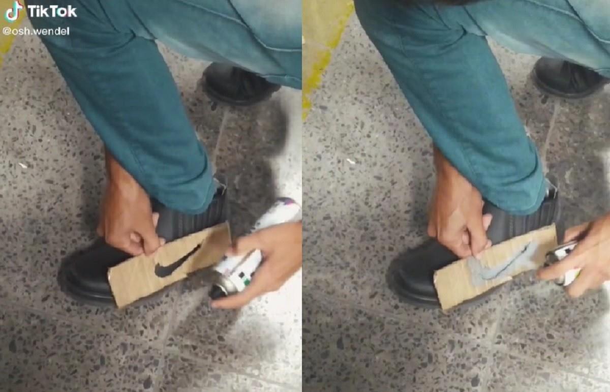 Un joven intentó pintar el logo de Nike en sus zapatos y el resultado no fue favorable. Foto: TikTok osh.wendel