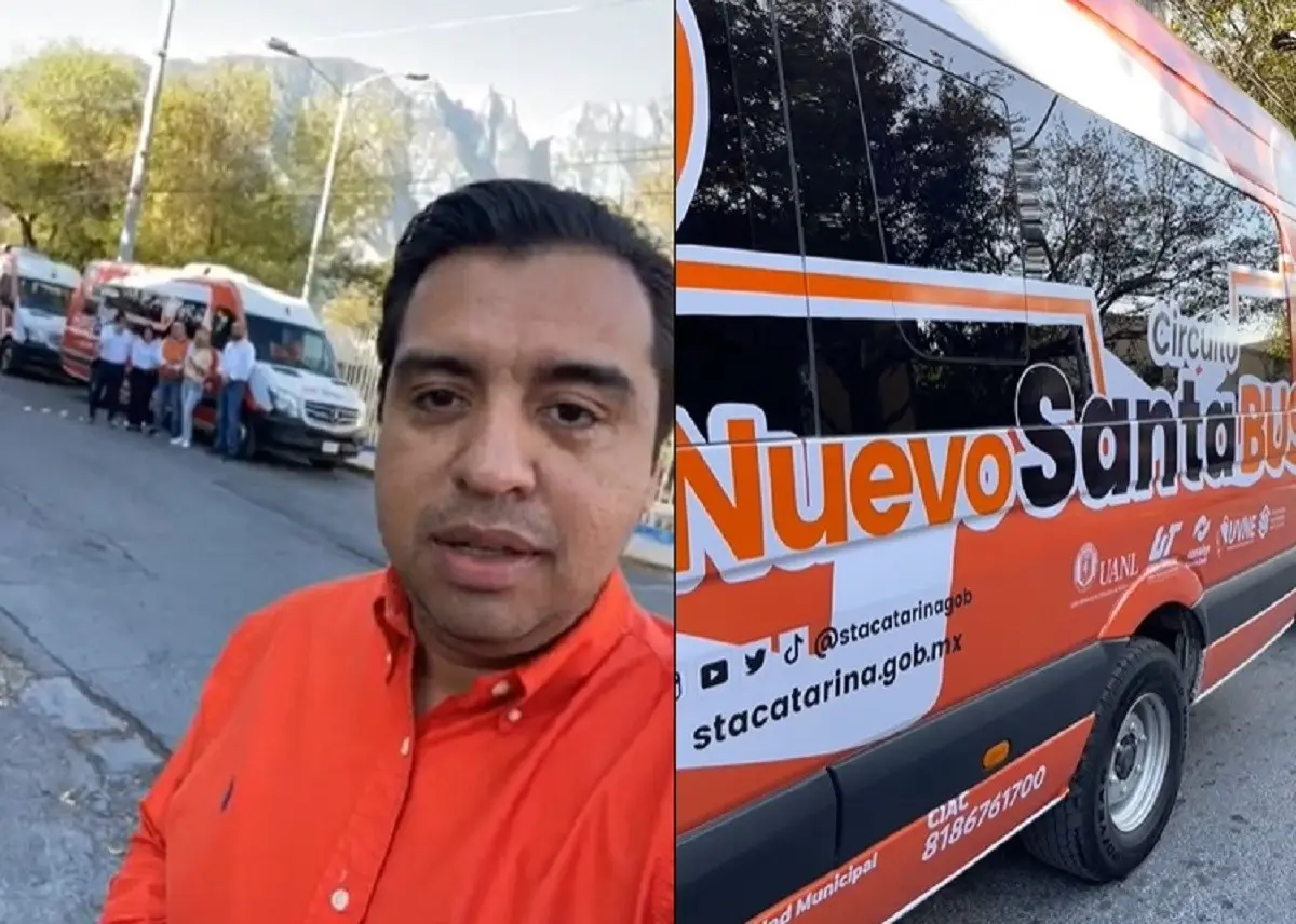 El alcalde de Santa Catarina, Jesús Nava Rivera, anunció la llegada del Circuito Nuevo Santa Bus que dará servicio gratuito a estudiantes de preparatoria. Foto: Facebook Gobierno de Santa Catarina