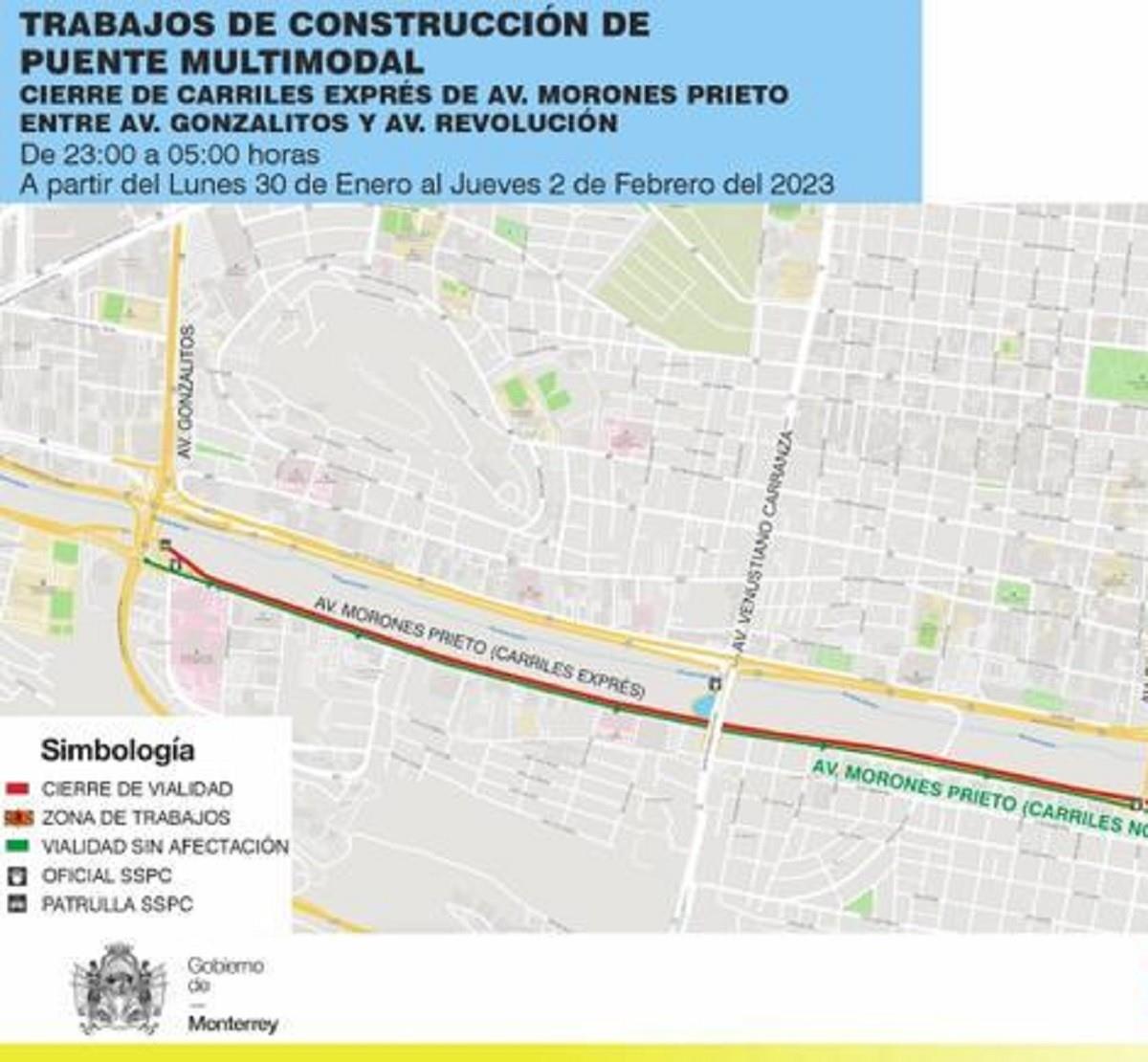 El cierre de carriles de la avenida Morones Prieto abarca desde la avenida Gonzalitos, hasta pocos metros después del Parque España (a la altura de una empresa de cementos). Foto: Armando Galicia
