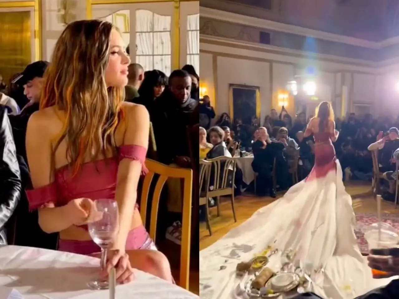 VIDEO: Modelo causa impacto con su vestido de mantel largo