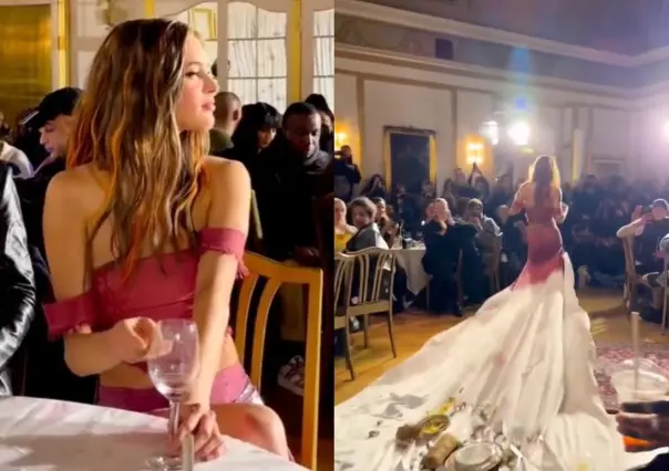 VIDEO: Modelo causa impacto con su vestido de mantel largo