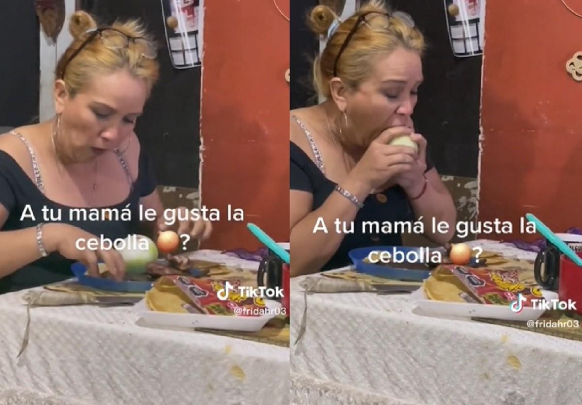 Una regia fue captada comiendo una cebolla entera de una gran mordida.  Foto: TikTok fridahr03