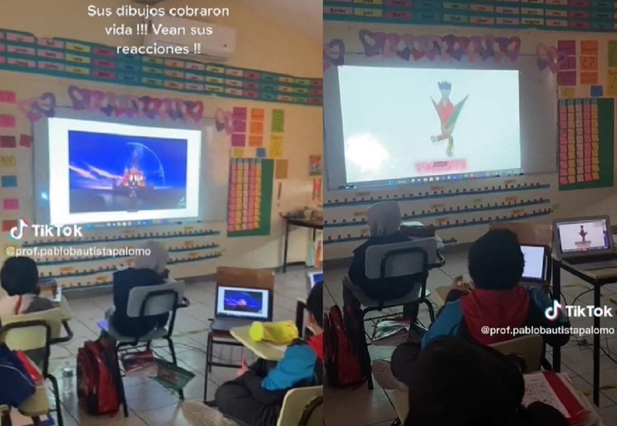 Estudiantes de segundo grado de una escuela de Ciudad Valles, San Luis Potosí, se sorprenden al ver que sus dibujos cobran vida. Foto: TikTok prof.pablobautistapalomo