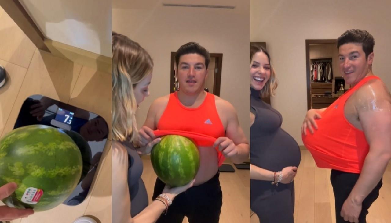 El gobernador de Nuevo León, Samuel García, cumplió el reto Watermelon Challenge (Reto de la Sandía) a su esposa, la titular de Amar a Nuevo León, Mariana Rodríguez, antes de la llegada de su hija Mariel. Foto: Instagram marianardzcantu