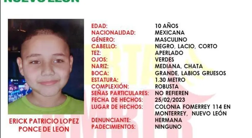 Emiten Alerta Amber por desaparición de menor en Monterrey