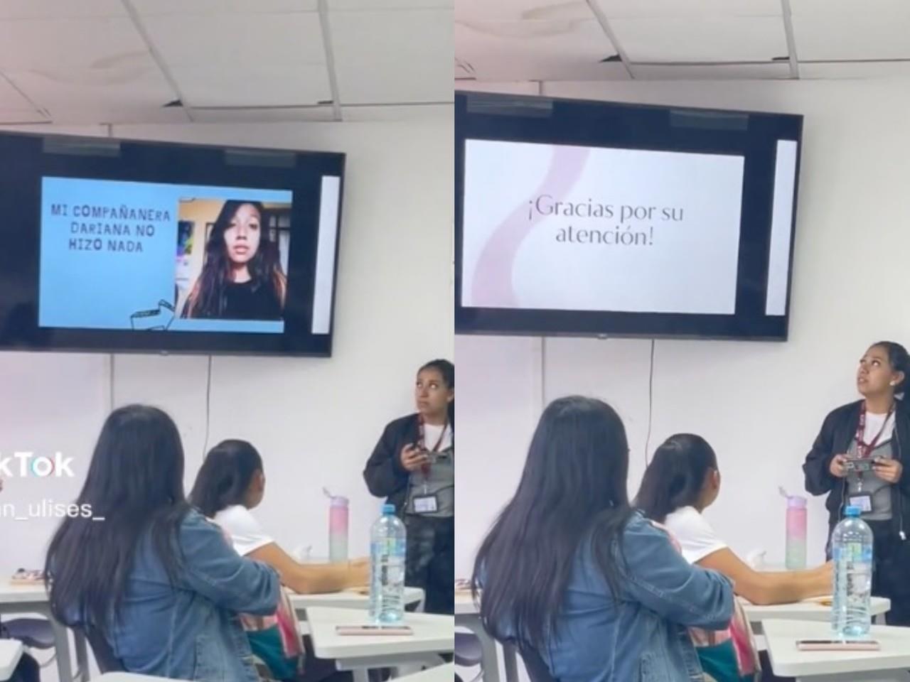 Tras intentar salvarse de las acusaciones, el joven rápidamente cambió de diapositiva en clase y mostró una foto de su compañera de vacaciones. Foto: Tiktok.