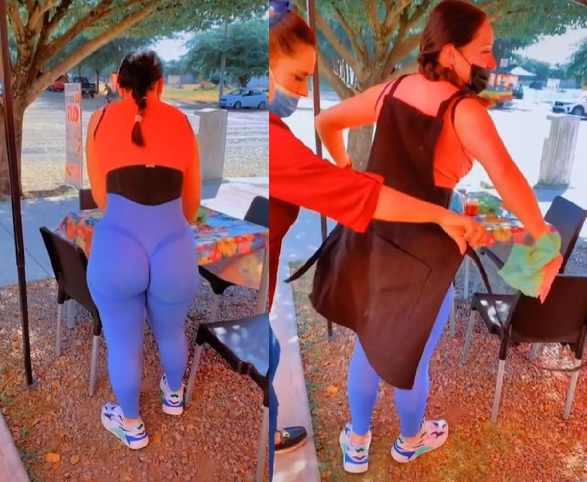 Una mesera que robaba miradas y suspiros en un puesto de barbacoa fue cubierta con un mandil para que los clientes dejaran de observarla. Foto: TikTok normamorfin3