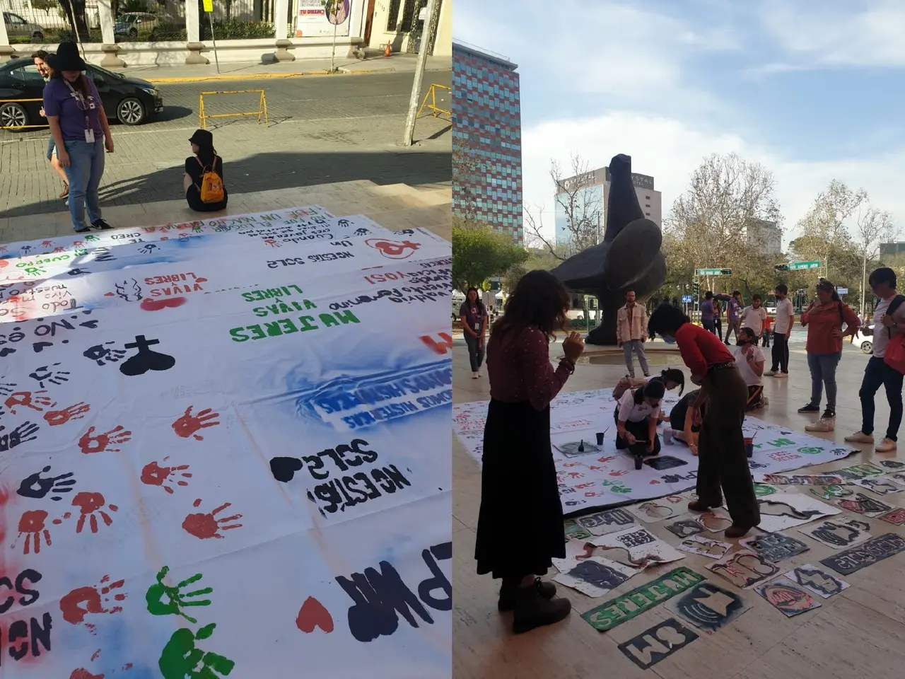 Las lonas fueron puestas a las afueras del museo en el muro exterior ubicado en la calle Zuazua, el acto es en conmemoración del Día Internacional de la Mujer. Foto: MARCO.