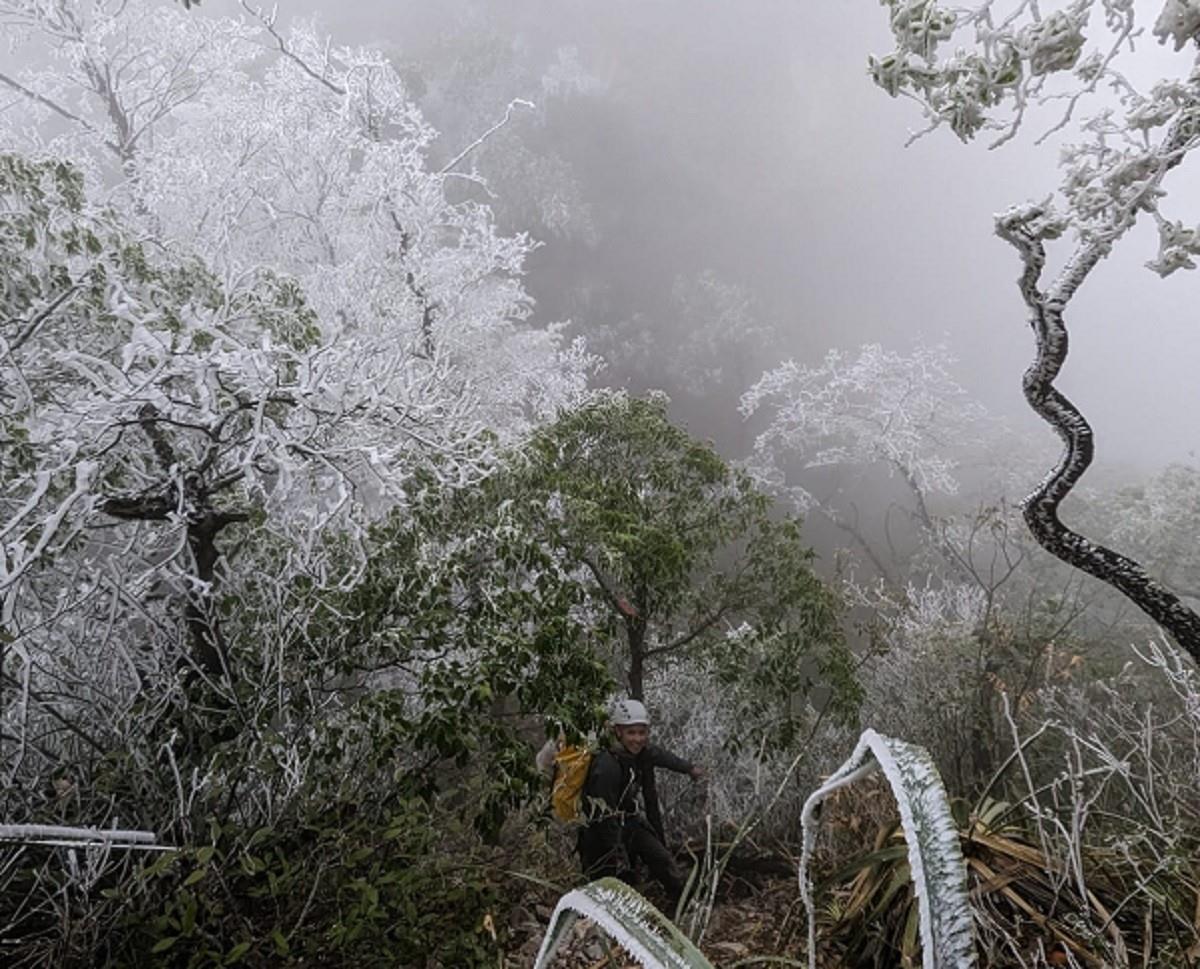Se registró caída de aguanieve en el Cerro de las Mitras. Foto: Protección Civil de Nuevo León