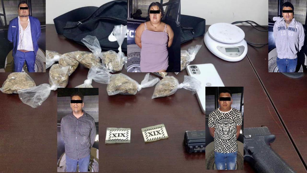 A los presuntos delincuentes se les aseguró una bolsa con 18 dosis de marihuana, una bolsa de tela con 34 bolsas de plástico con la misma droga. Foto: Especial/ PostaMX