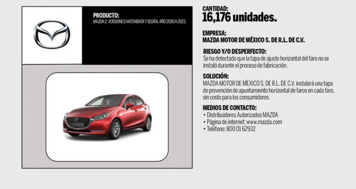 Detectan falla desde fabrica en modelos Mazda2. Foto: Profeco..