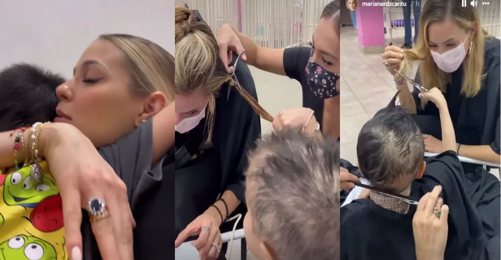 Mariana Rodríguez se cortó el cabello en un gesto de solidaridad con Lalo que padece leucemia. Foto: Especial/ PostaMX