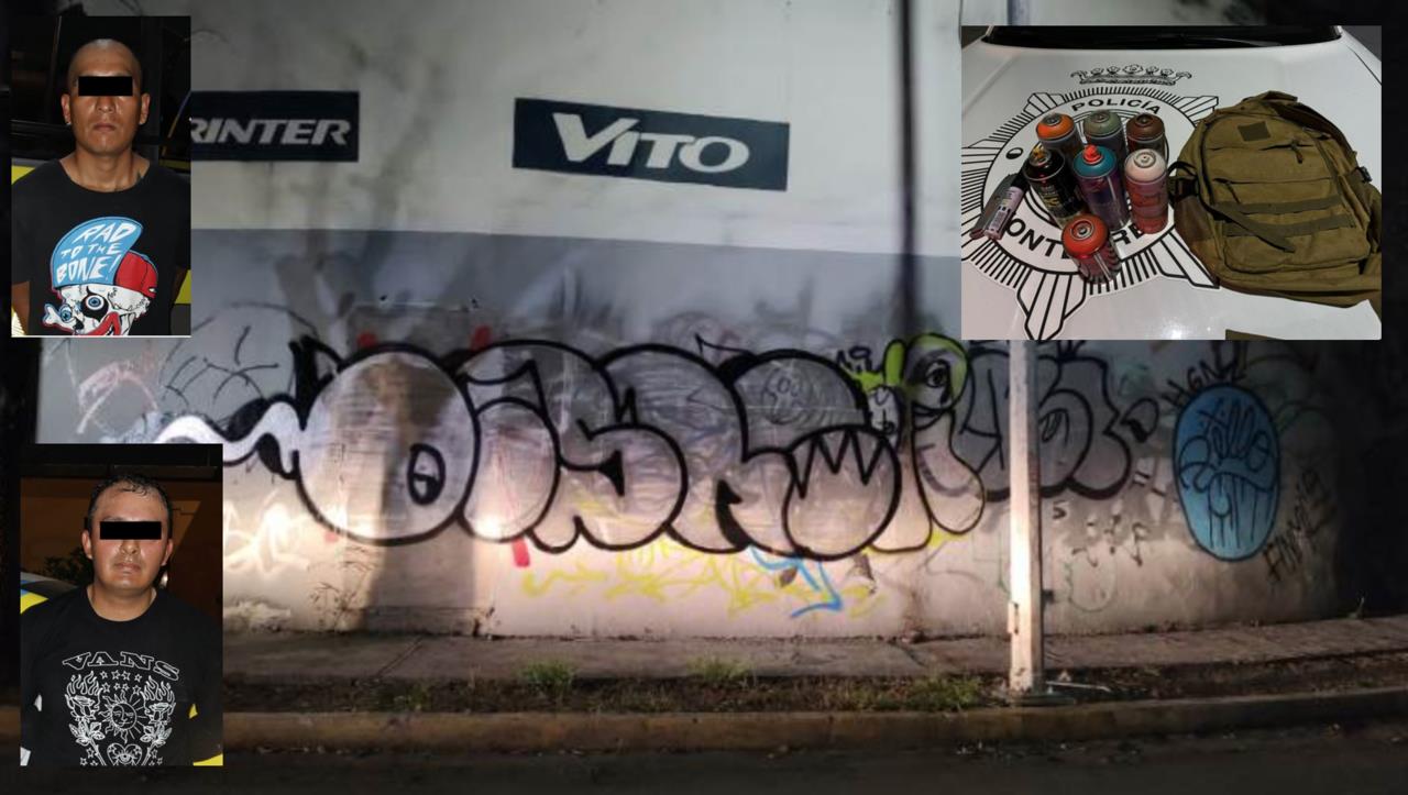 Adrián Patricio G., de 29 años y Erick Manuel G., de 30 fueron detectados haciendo las pintas con botes de aerosol en el cruce de Colón y Río Santa Catarina en la colonia Fierro. Foto: Especial/ PostaMX