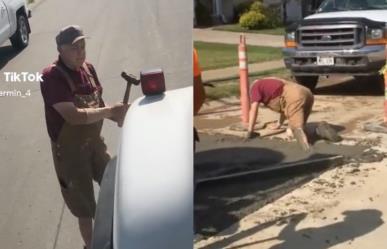 VIDEO: Anciano intenta correr a trabajadores y termina bañado en cemento