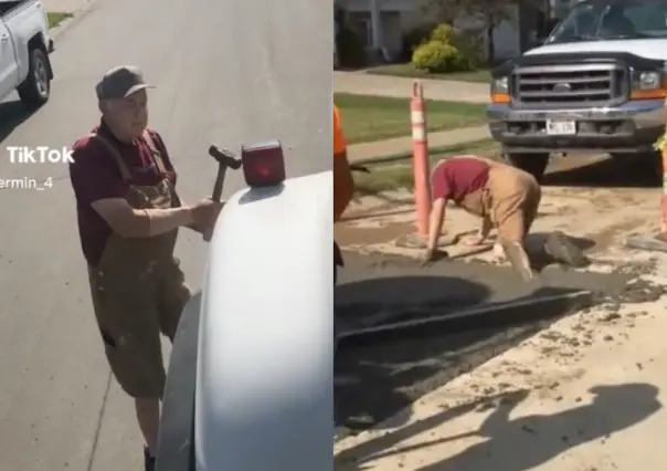 VIDEO: Anciano intenta correr a trabajadores y termina bañado en cemento