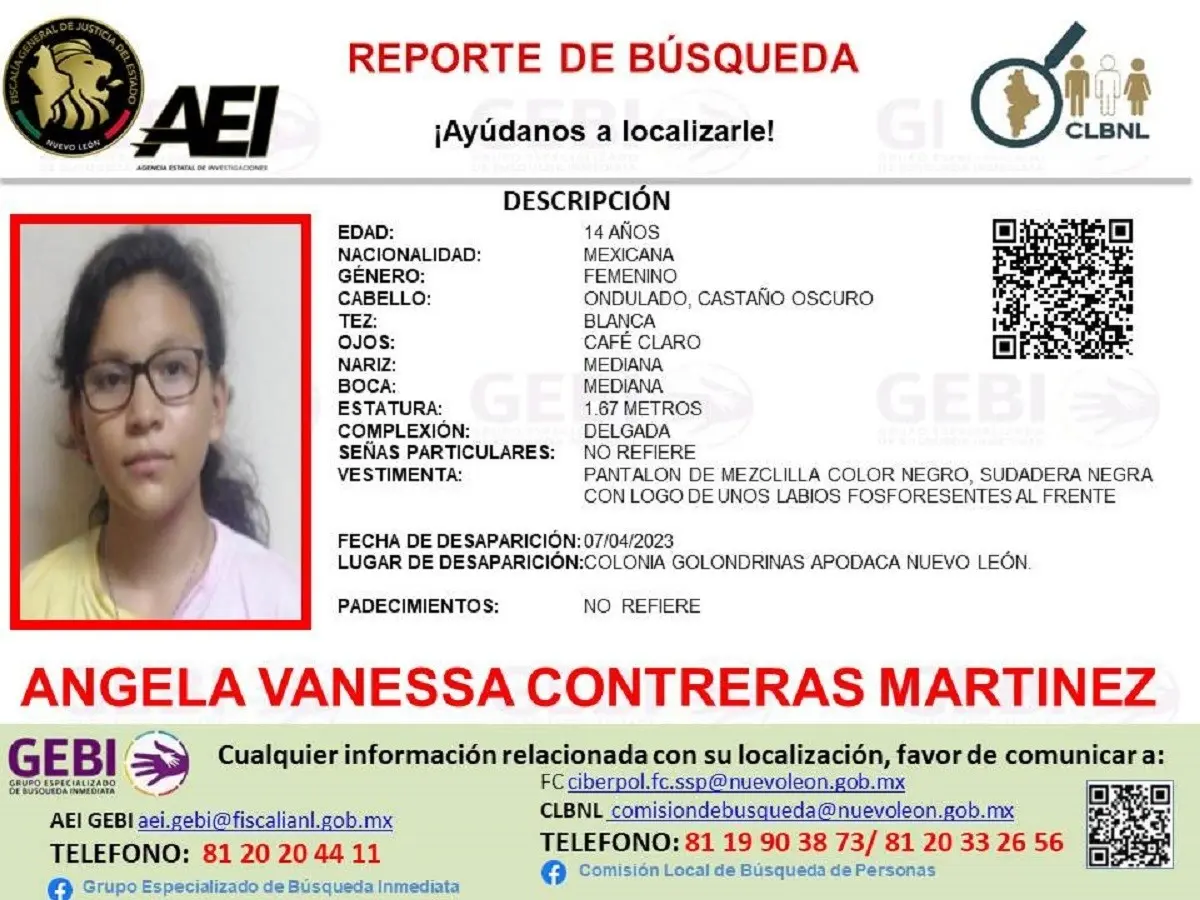 Angela Vanessa Contreras Martínez, de 14 años de edad, desapareció el 7 de abril de 2023 en la colonia Golondrinas, de Apodaca. Foto: Facebook Grupo Especializado de Búsqueda Inmediata