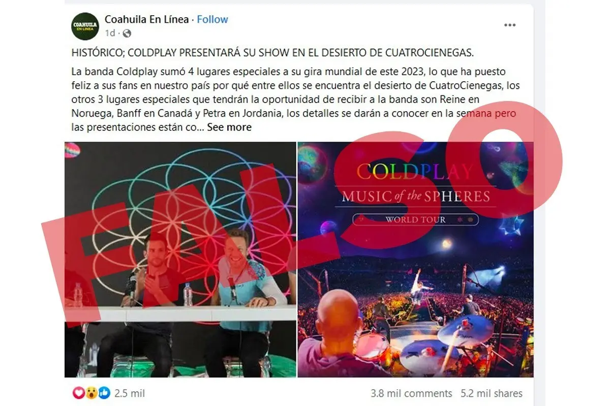 Desmienten concierto de Coldplay en Cuatrociénegas. Foto. Facebook