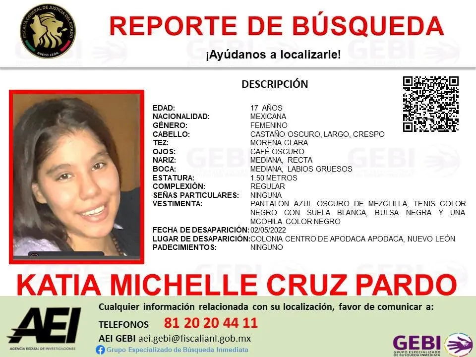 Katia Michelle Cruz Pardo, de 17 años de edad, desapareció el pasado 2 de mayo de 2023 en el centro del municipio de Apodaca. Foto: Facebook Grupo Especializado de Búsqueda Inmediata