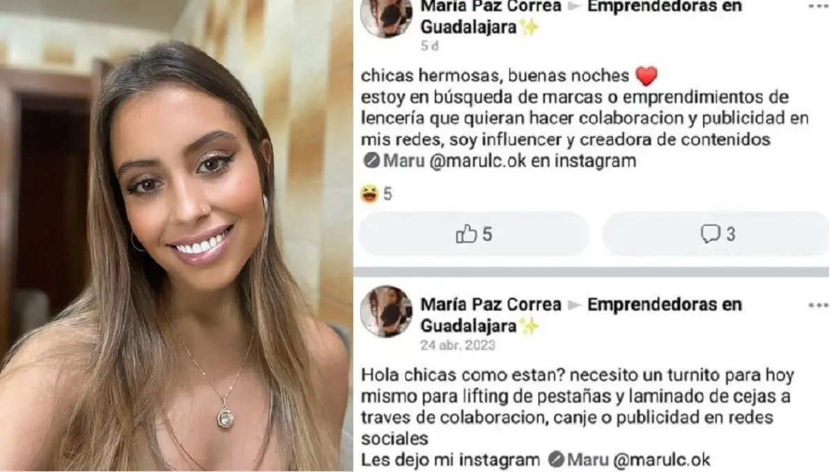 La influencer María Paz Correa, mejor conocida como Maru, es señalada de solicitar servicios gratis a cambio de publicidad en sus redes sociales. Foto: Instagram marulc.okm / Facebook Emprendedoras en Guadalajara