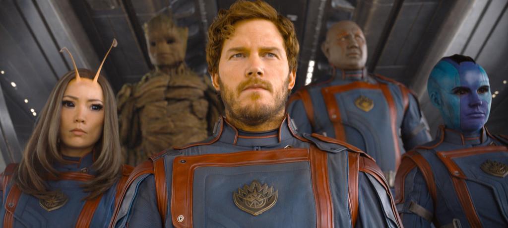 Chris Pratt como Peter Quill/Star-Lord, Dave Bautista como Drax y Karen Gillan como Nebula en una escena de Guardians of the Galaxy Vol. 3. (Marvel-Disney vía AP)