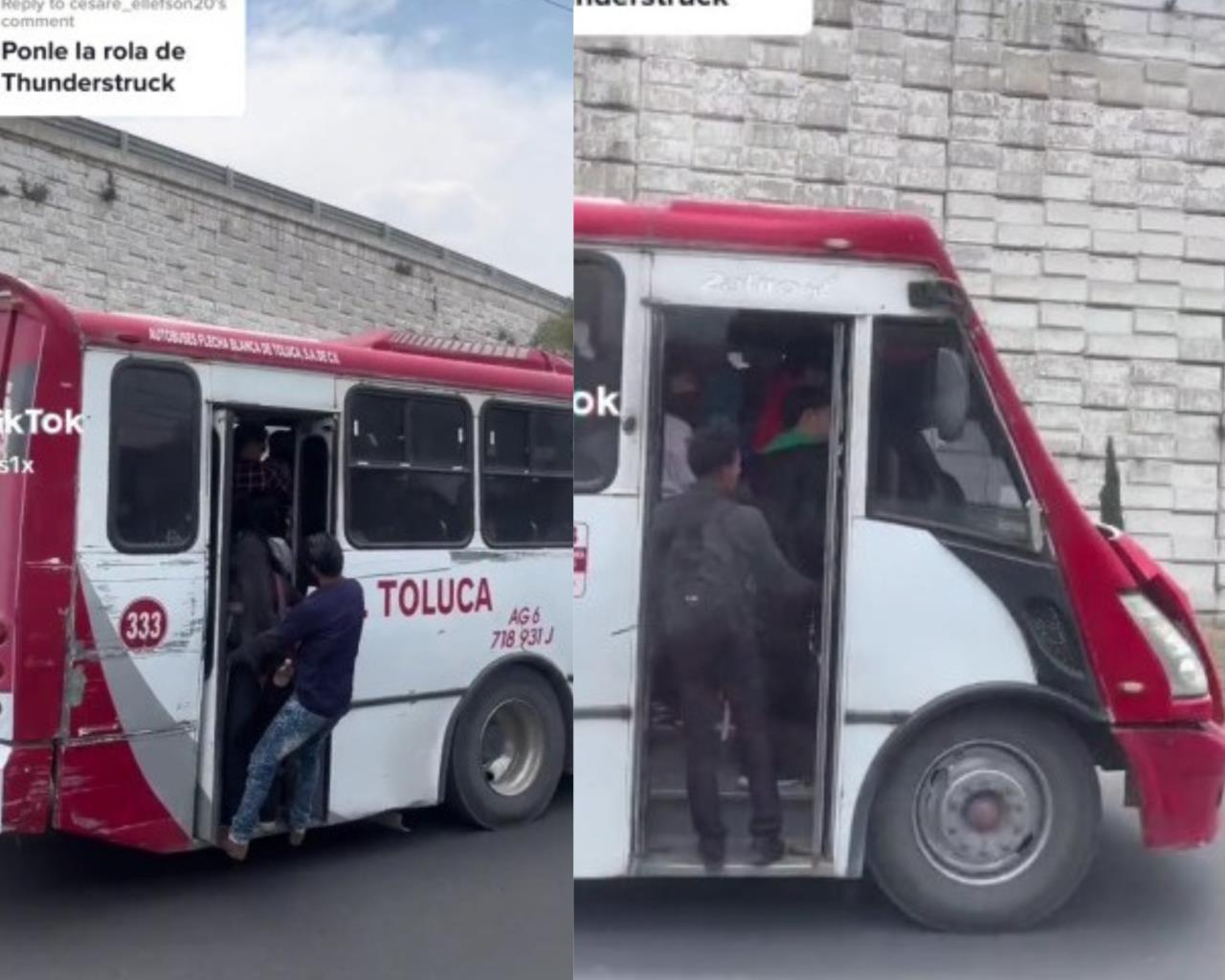 Pasajeros viajan colgados en camión en Toluca por falta de espacio. Foto: Captura de pantalla