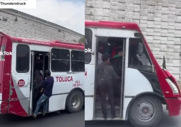 Pasajeros viajan colgados en camión por falta de espacio en Toluca