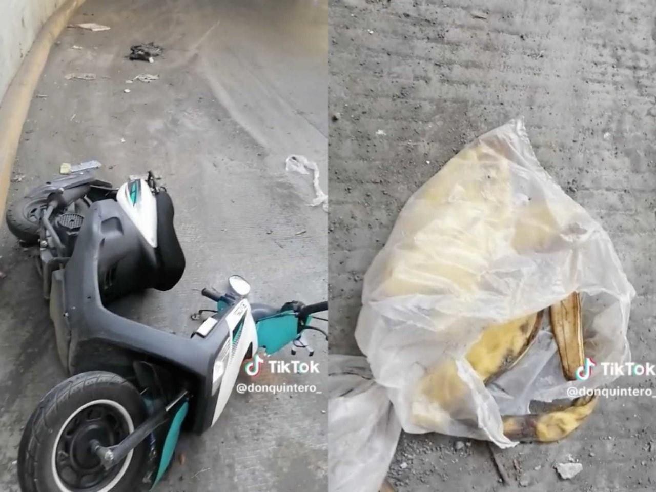 El video fue publicado en TikTok por un usuario identificado como Alan Quintero, quien narró que “por una banana” se había caído de su motocicleta. Foto: Especial.