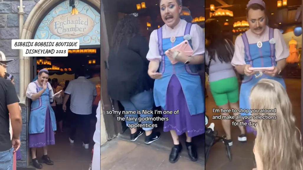 Hombre vestido de princesa recibe a visitantes en tienda de Disney, ¿inclusión?