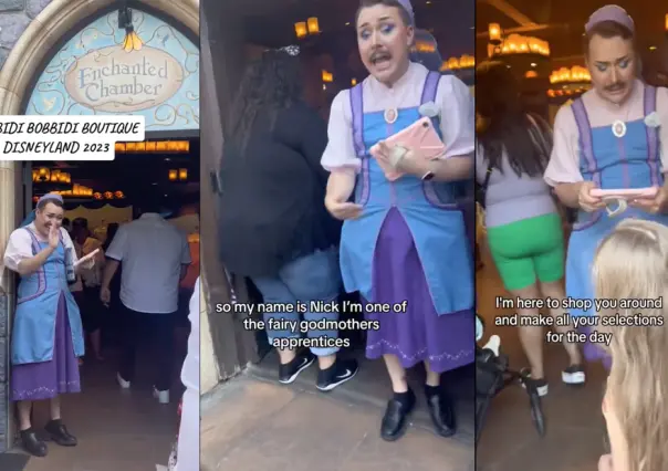 Hombre vestido de princesa recibe a visitantes en tienda de Disney, ¿inclusión?