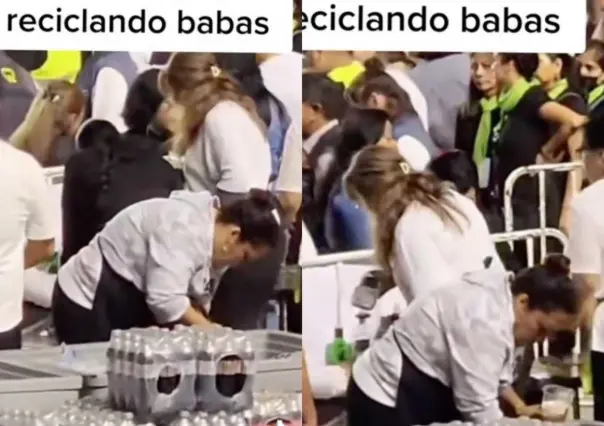 ¡Mira nada más! Llena vendedora de cervezas con sobras los vasos en concierto