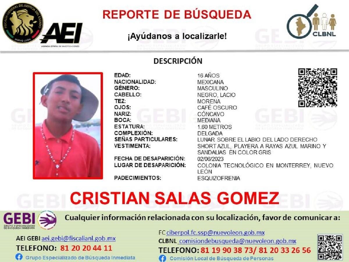 Cristian Salas Gómez, de 16 años de edad, desapareció el pasado 2 de junio de 2023 en la colonia Tecnológico en Monterrey. Foto: Facebook Grupo Especializado de Búsqueda Inmediata