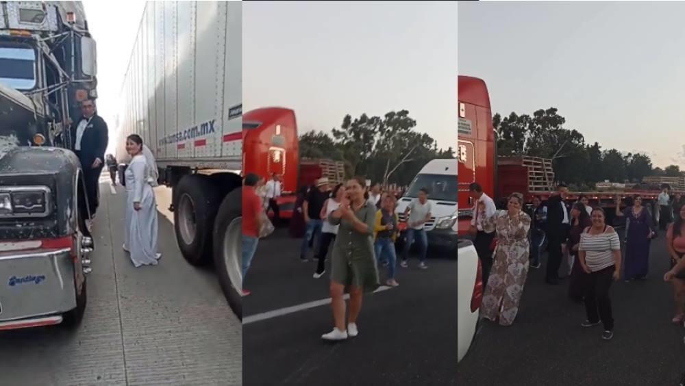 Novios arman bailongo en bloqueo de la carretera México-Puebla. Foto. Captura de Imagen