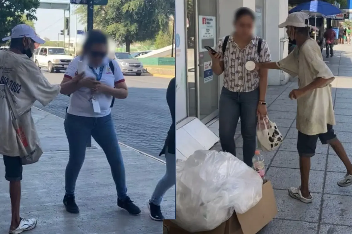 Con la excusa de acercarse con un vaso y pedirles ayuda económica, así es como este hombre se aproxima solamente con las mujeres. Foto: Especial/ POSTAMX