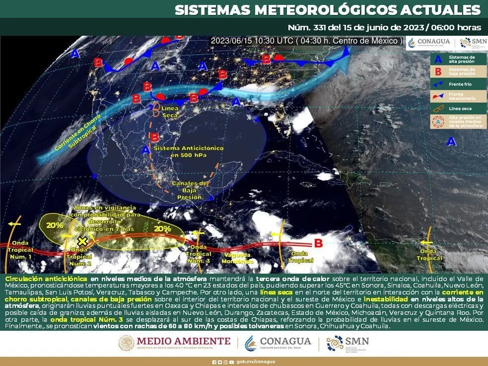 Por otro lado, una línea seca en el norte del país en interacción con la corriente en chorro subtropical, canales de baja presión sobre el interior del territorio nacional. Foto: Conagua.