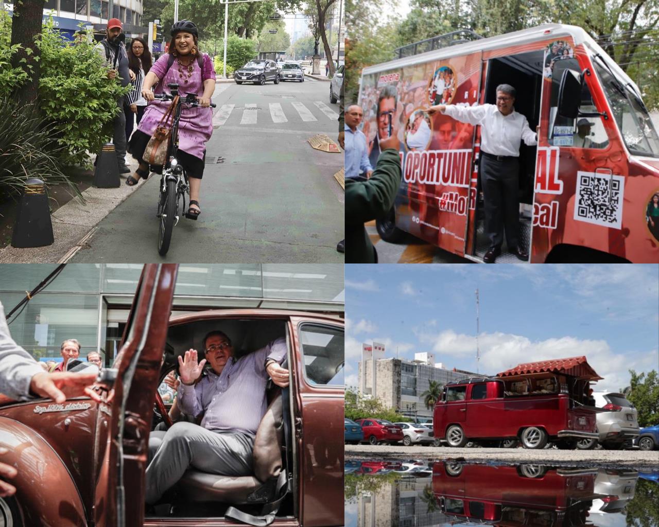 Bicis, Vocho y Combi, las corcholatas en movimiento. Foto: Redes sociales de los aspirantes