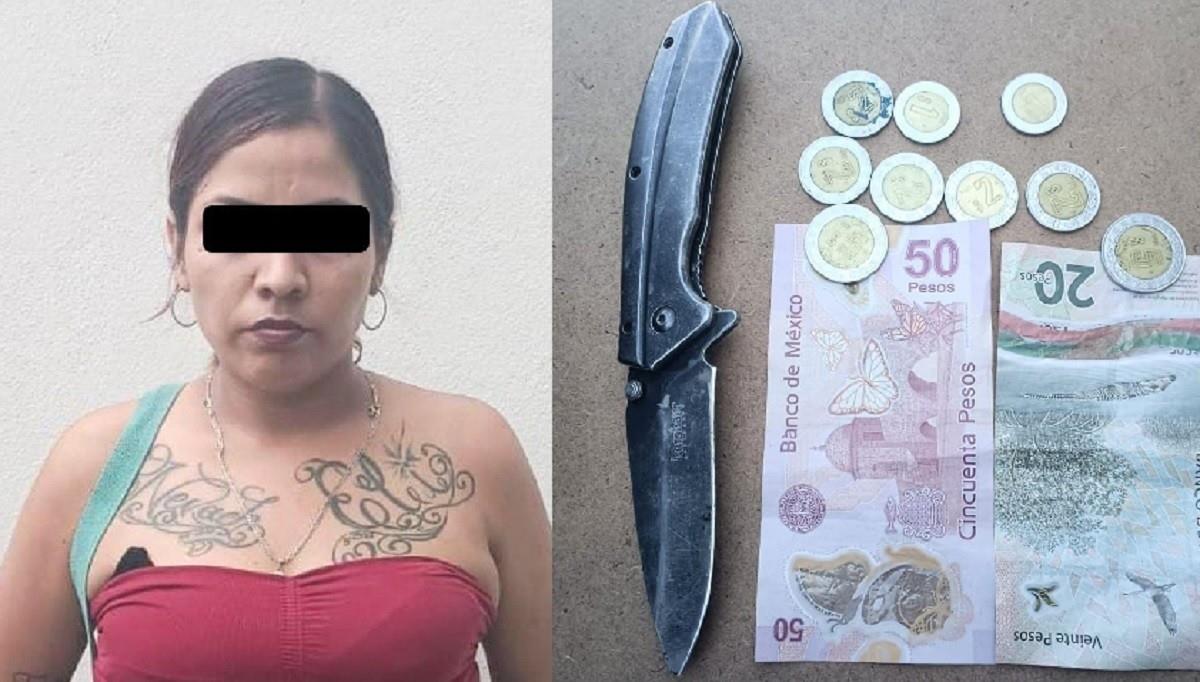 La detenida fue identificada como Eveling, de 32 años, a quien le aseguraron una navaja y dinero en efectivo. Foto: Raymundo Elizalde