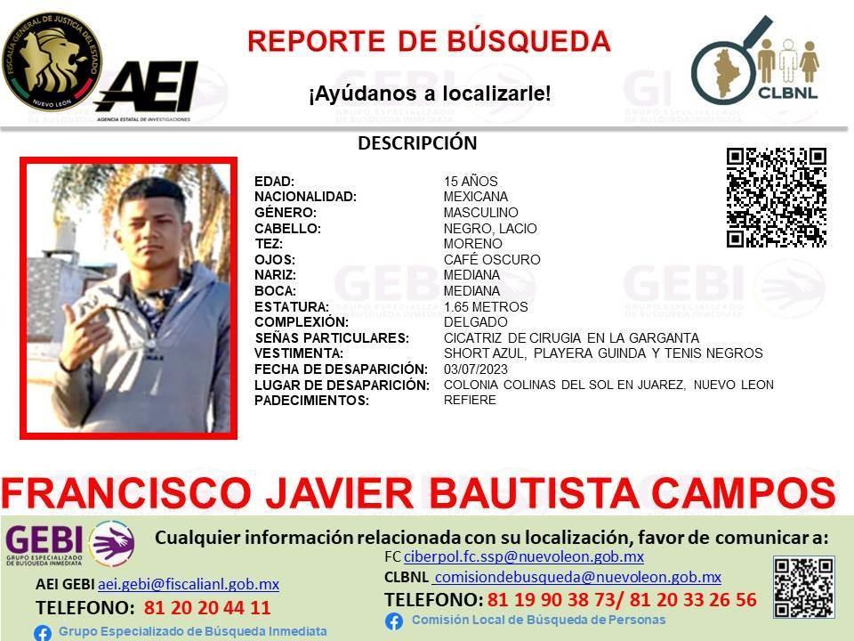 Desaparece el joven Francisco Javier, de 15 años, en Juárez, Nuevo León
