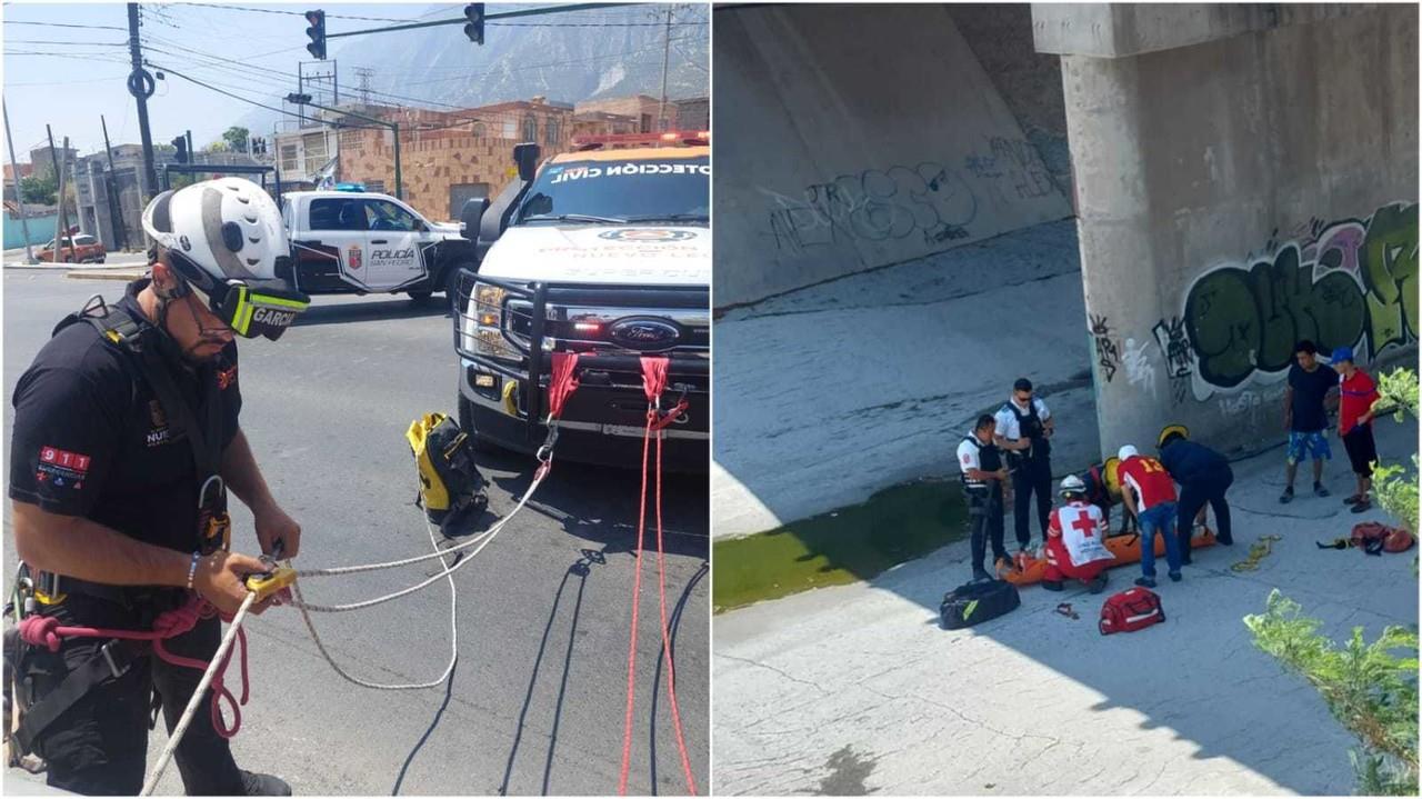 Rescatan a hombre que cayó al arroyo El Obispo en municipio de San Pedro. Foto. Cortesía